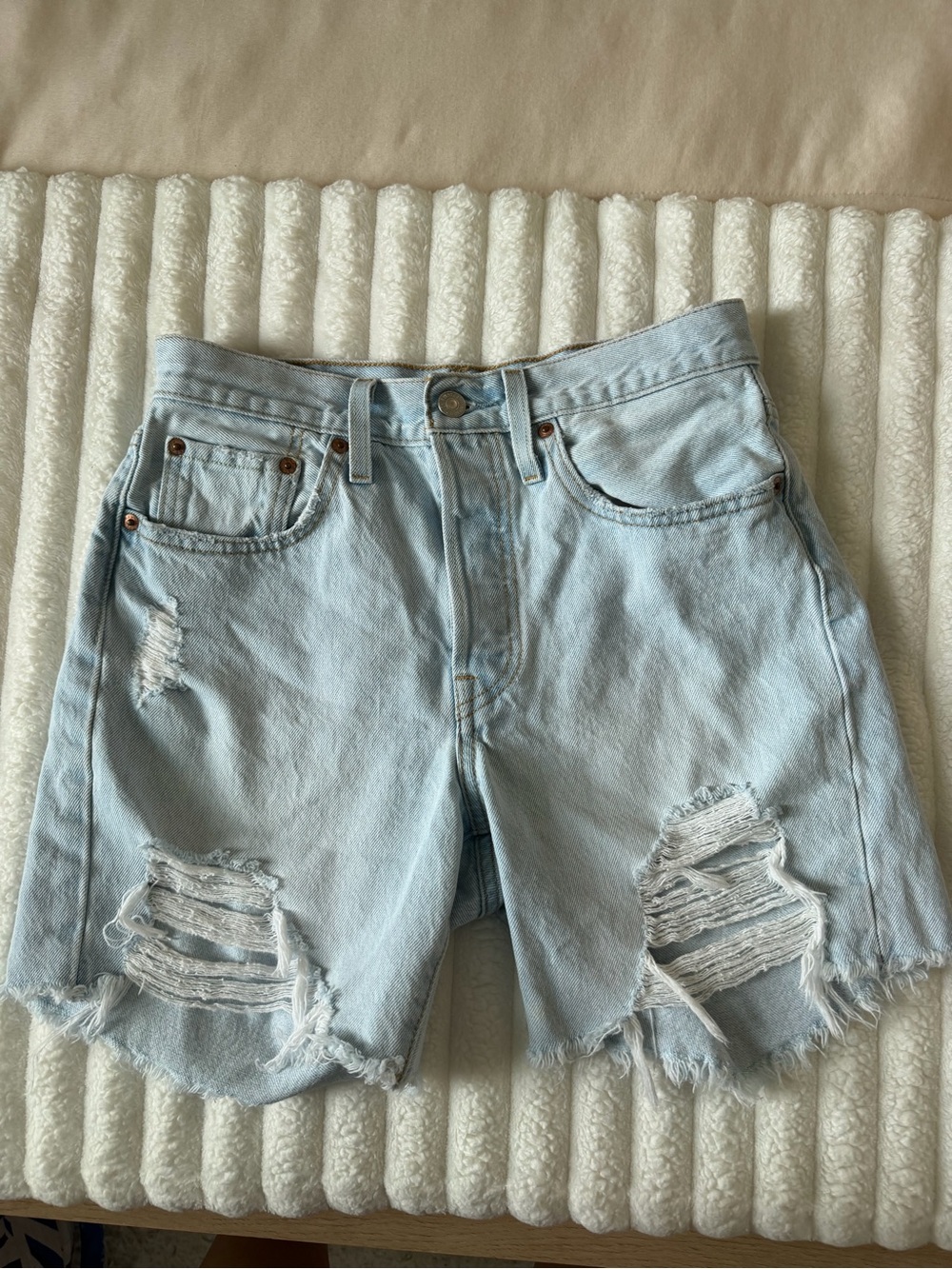 Levi's 501 Light Blue Distressed High-Rise Denim Shorts